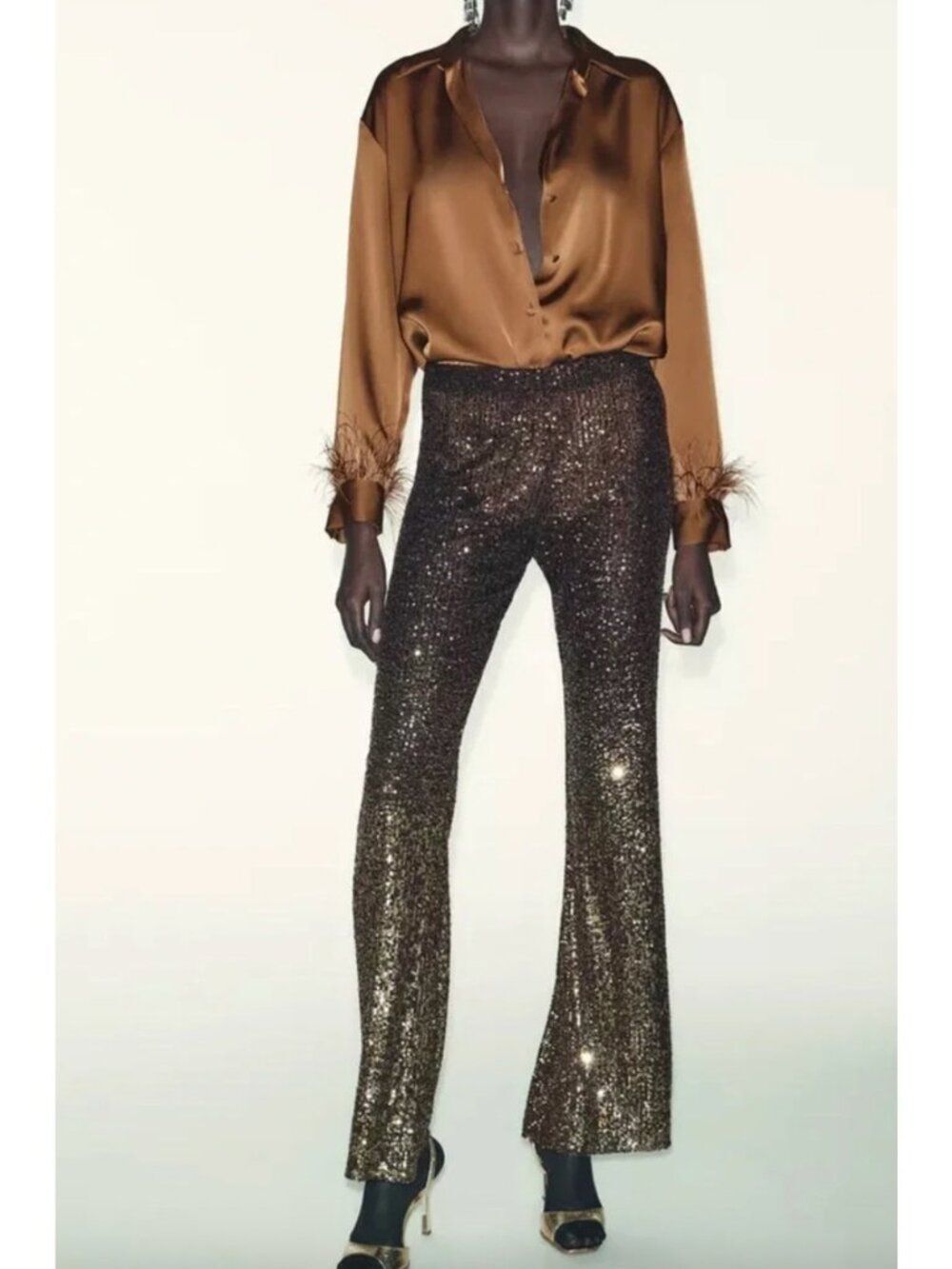 Zara Womens Sequin Pants Small Brown gold Embellished Flare Fit 9860/360 NWT